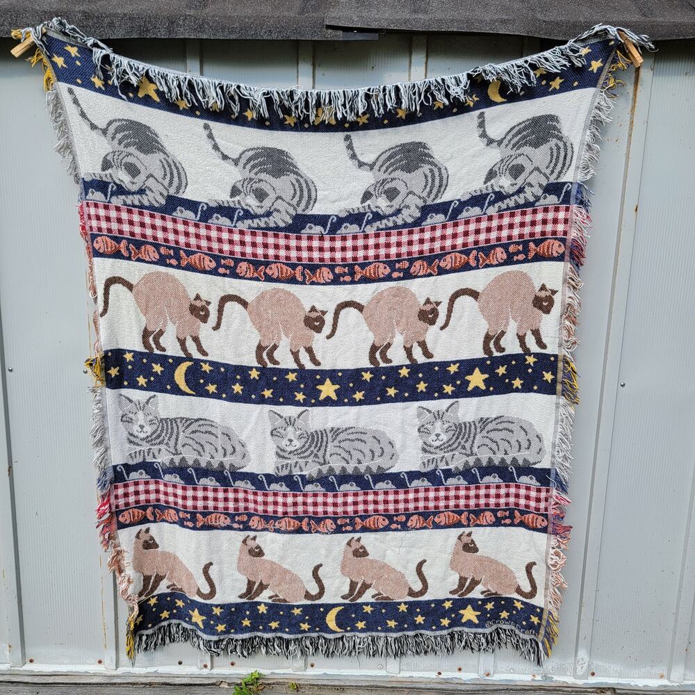 VINTAGE Crown Craft Woven Cotton Cat Tapestry Throw w/ Fringe